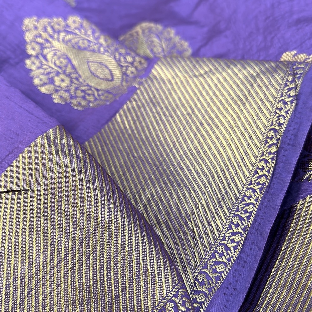 New purple silk saree with gold borders blouse running !!